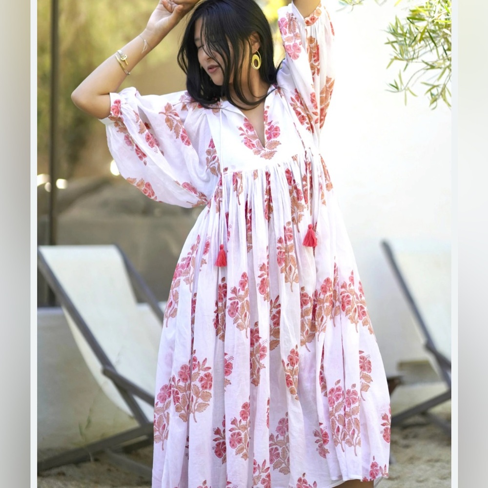 Dolma block printed Floral Pink Midi Dress NWT